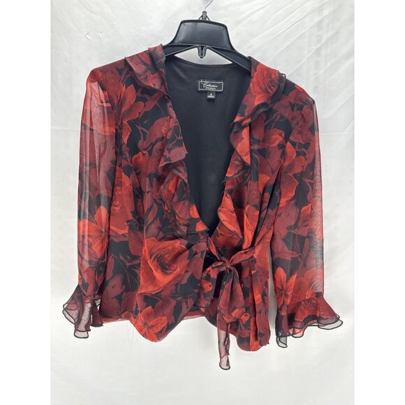 Dressbarn Red Floral Chiffon Ruffle Blouse Sz 6 Sheer Lightweight Whimsygoth Top - Picture 2 of 9